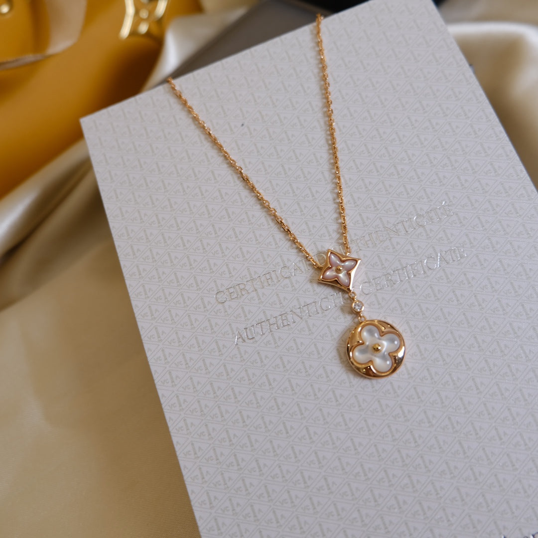 [Cadisa]STAR AND SUN WHITE MOP 2 MOTIF PINK GOLD NECKLACE