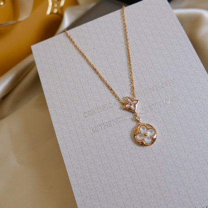 [Cadisa]STAR AND SUN WHITE MOP 2 MOTIF PINK GOLD NECKLACE