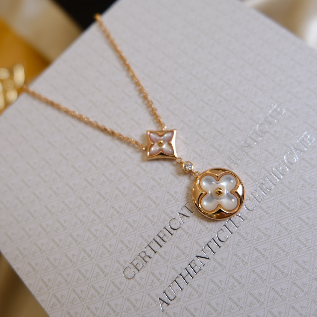 [Cadisa]STAR AND SUN WHITE MOP 2 MOTIF PINK GOLD NECKLACE
