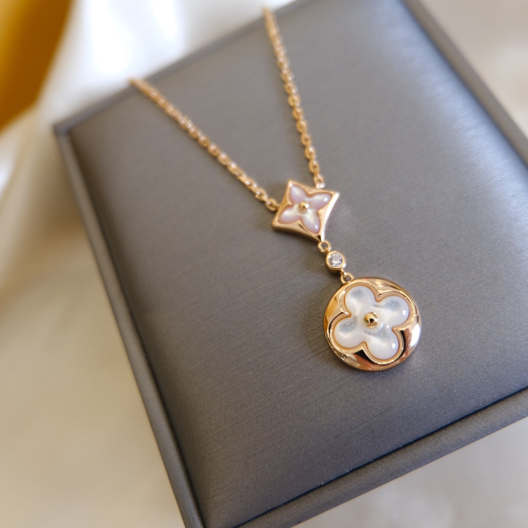 [Cadisa]STAR AND SUN WHITE MOP 2 MOTIF PINK GOLD NECKLACE