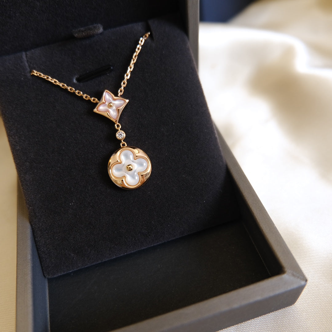[Cadisa]STAR AND SUN WHITE MOP 2 MOTIF PINK GOLD NECKLACE