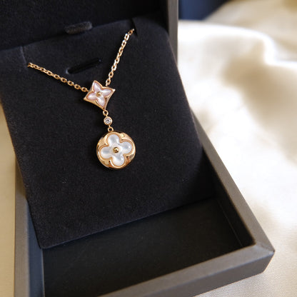 [Cadisa]STAR AND SUN WHITE MOP 2 MOTIF PINK GOLD NECKLACE