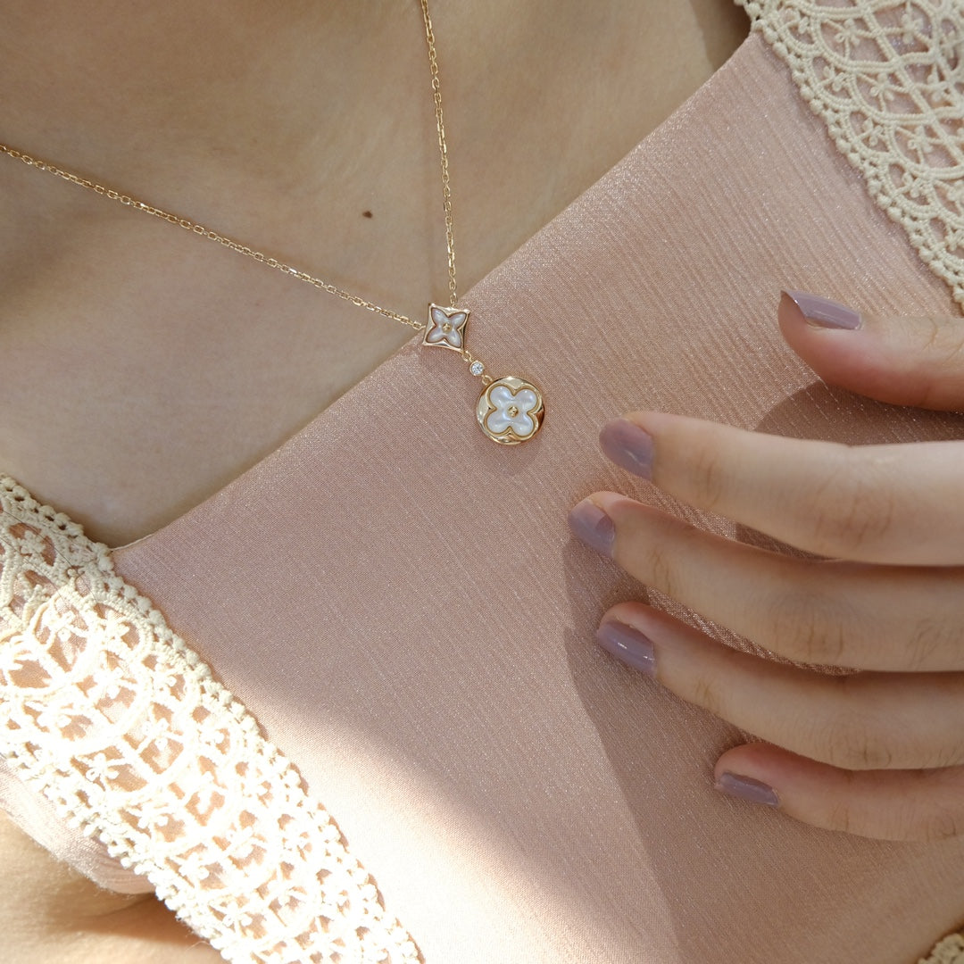 [Cadisa]STAR AND SUN WHITE MOP 2 MOTIF PINK GOLD NECKLACE