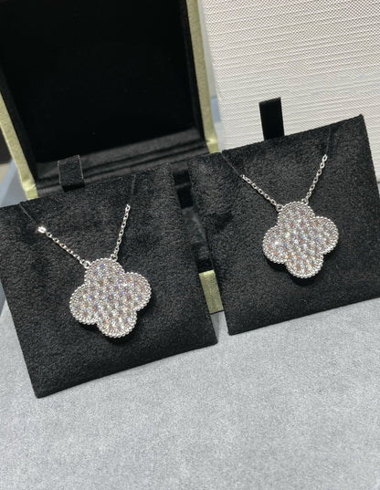 [Cadisa]CLOVER 25MM LARGE PENDANT DIAMOND PAVED SILVER NECKLACE