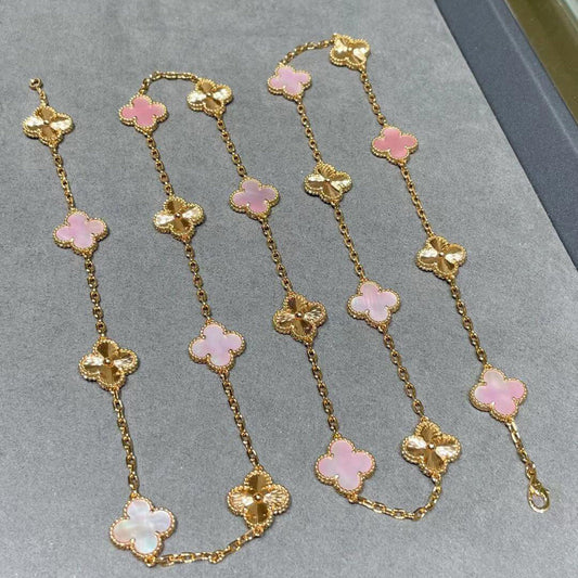 [Cadisa]CLOVER 20 MOTIFS LASER PINK MOP NECKLACE