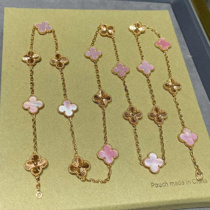 [Cadisa]CLOVER 20 MOTIFS LASER PINK MOP NECKLACE