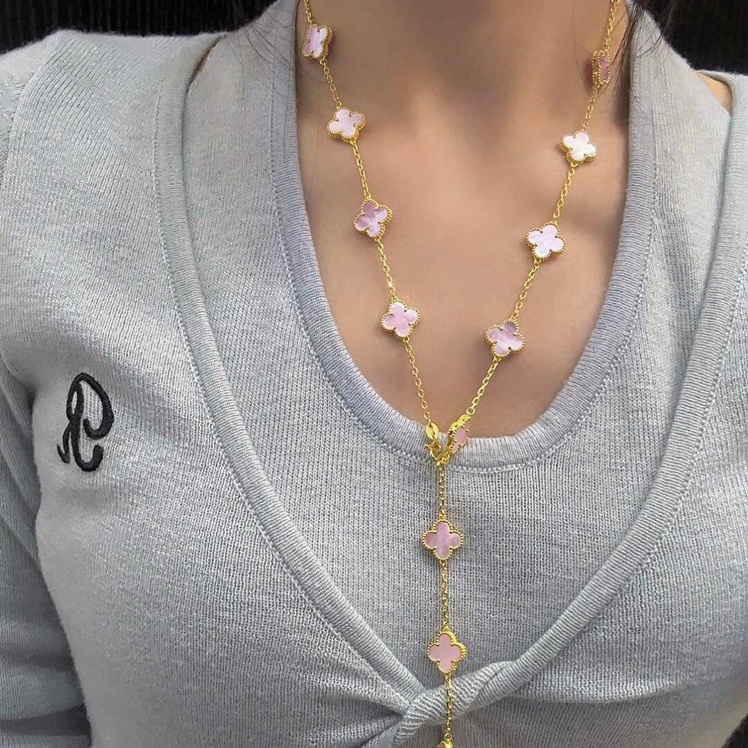 [Cadisa]CLOVER 20 MOTIFS PINK MOP NECKLACE