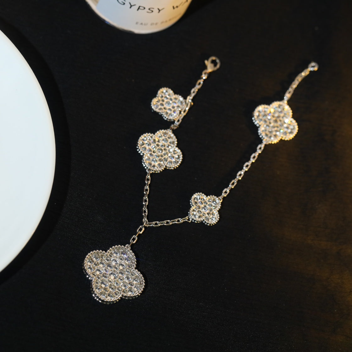 [Cadisa]CLOVER BRACELET 5 MOTIF SILVER DIAMOND PAVED