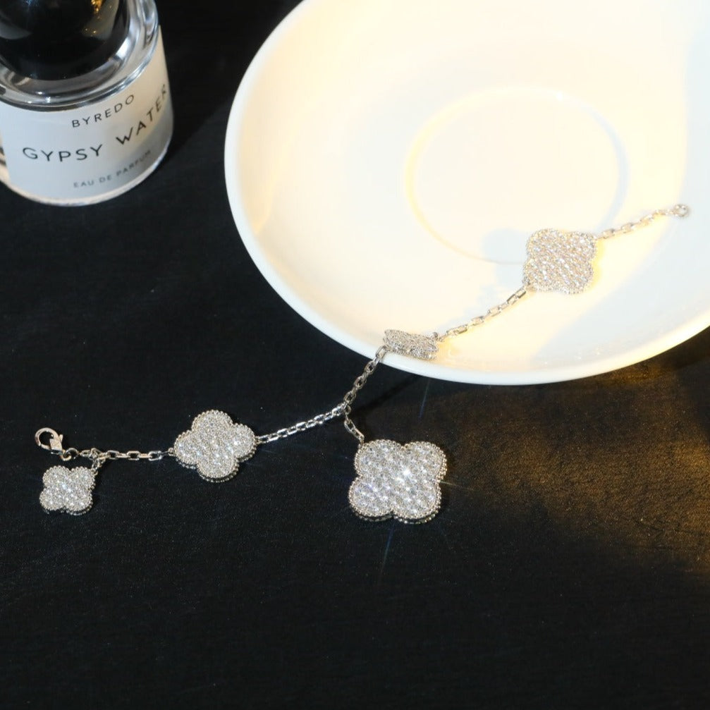 [Cadisa]CLOVER BRACELET 5 MOTIF SILVER DIAMOND PAVED