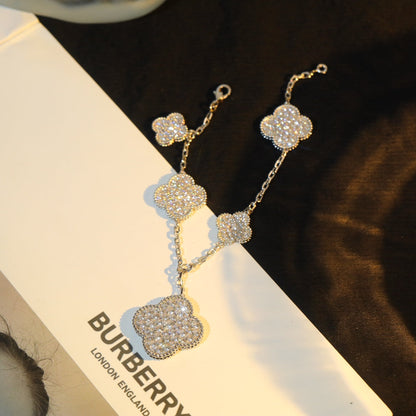 [Cadisa]CLOVER BRACELET 5 MOTIF SILVER DIAMOND PAVED