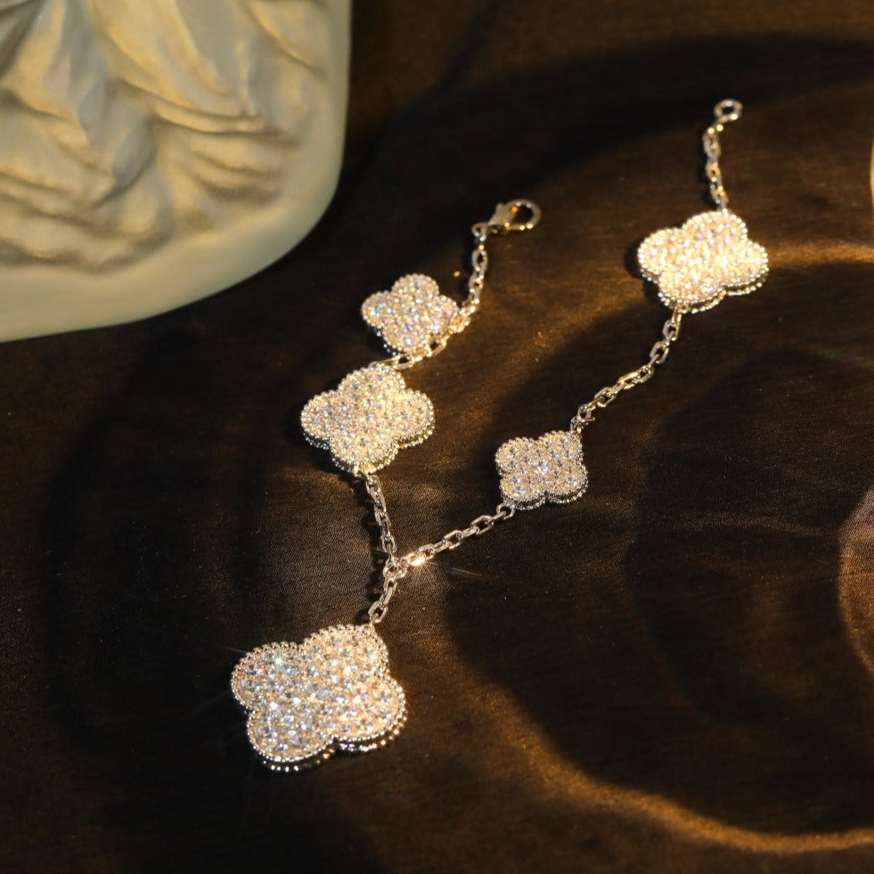 [Cadisa]CLOVER BRACELET 5 MOTIF SILVER DIAMOND PAVED