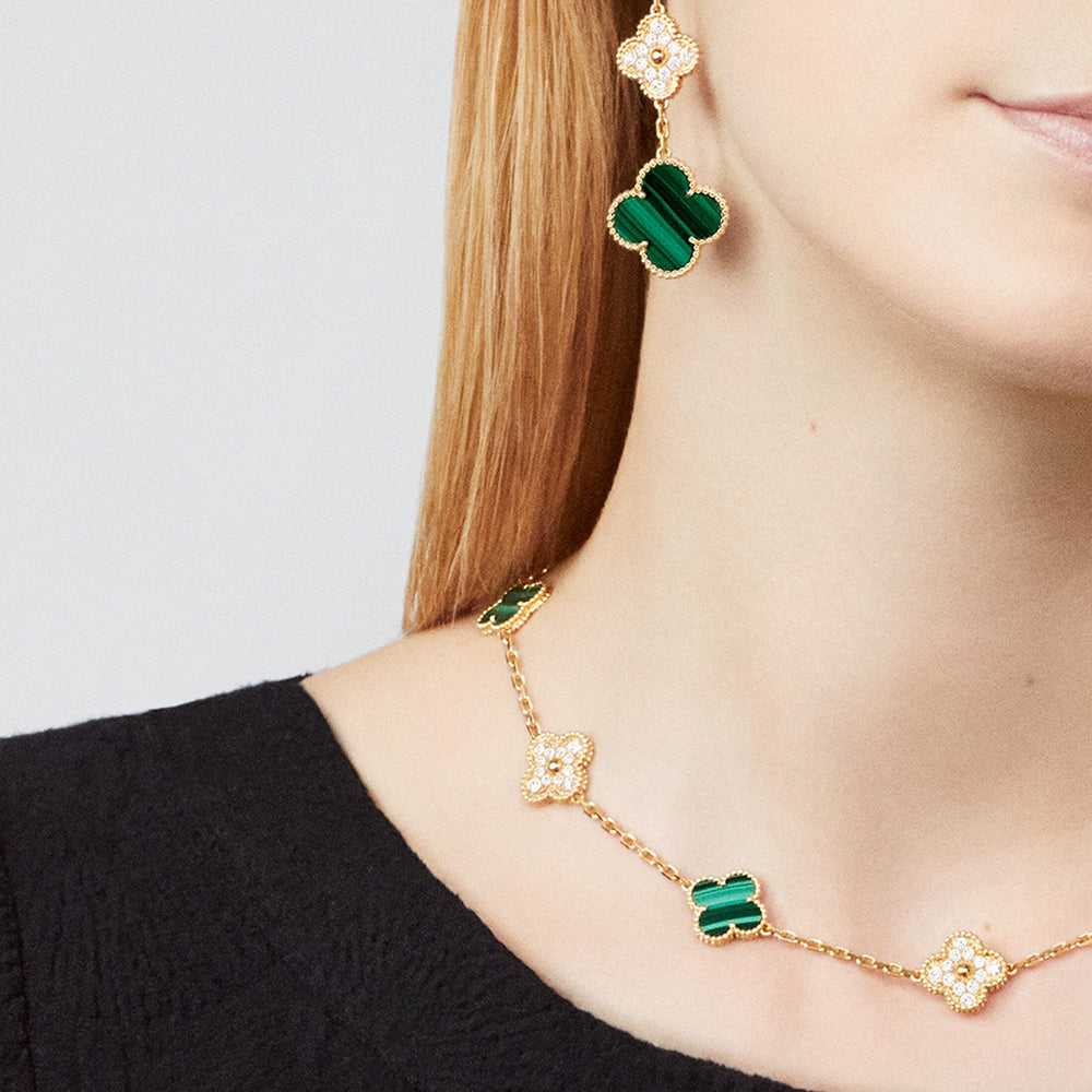 [Cadisa]CLOVER 10 MOTIFS MALACHITE DIAMOND NECKLACE