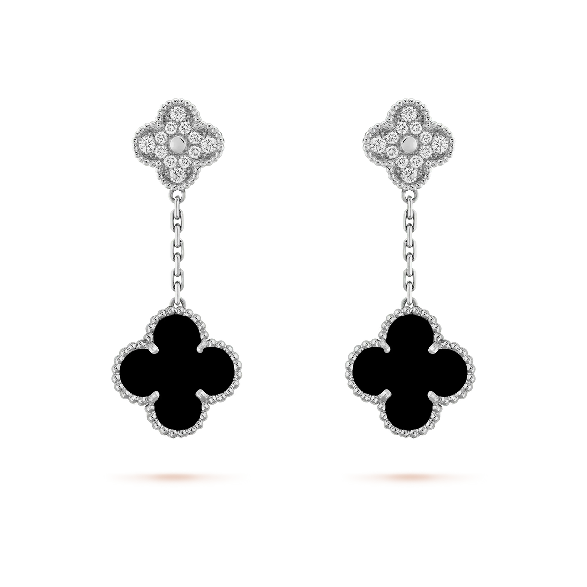 [Cadisa]CLOVER 2 MOTIFS  DIAMOND ONYX EARRINGS SILVER