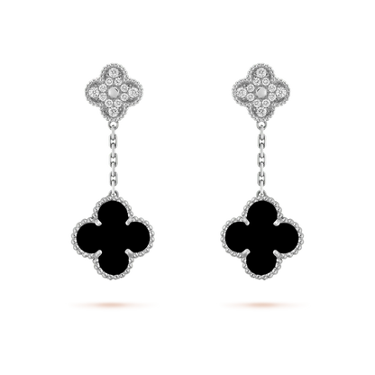 [Cadisa]CLOVER 2 MOTIFS  DIAMOND ONYX EARRINGS SILVER