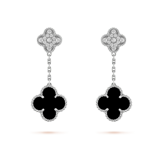 [Cadisa]CLOVER 2 MOTIFS  DIAMOND ONYX EARRINGS SILVER