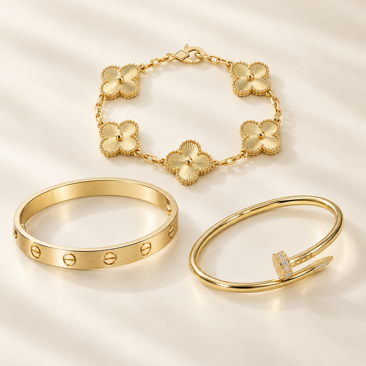 [Cadisa] Clover & Love & Juste 3-Piece Gold Bracelet Stack Set