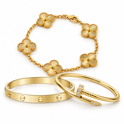 [Cadisa] Clover & Love & Juste 3-Piece Gold Bracelet Stack Set