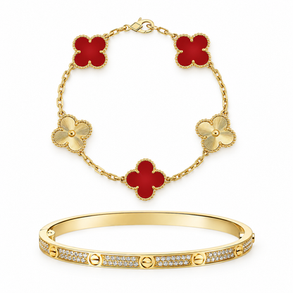 [Cadisa]Clover & Love Diamond-Paved Radiant Line 2-Piece Bracelet Stack Set