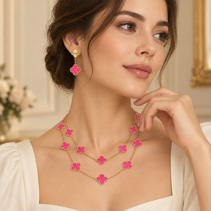 [Cadisa]Clover Pink Enamel Necklace & Earring Jewelry Set