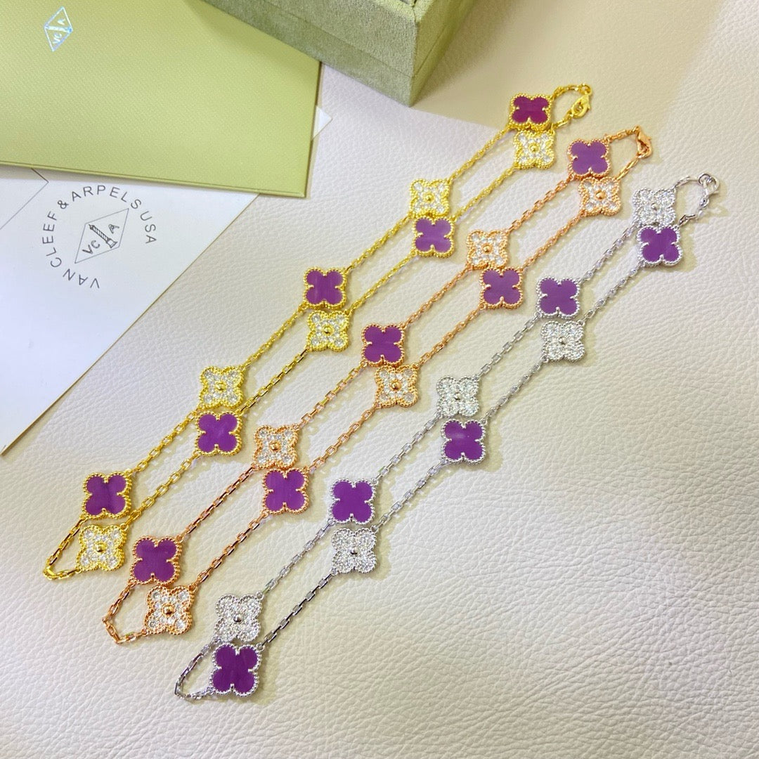 [Cadisa]CLOVER 10 MOTIFS  PURPLE VIOLET DIAMOND NECKLACE