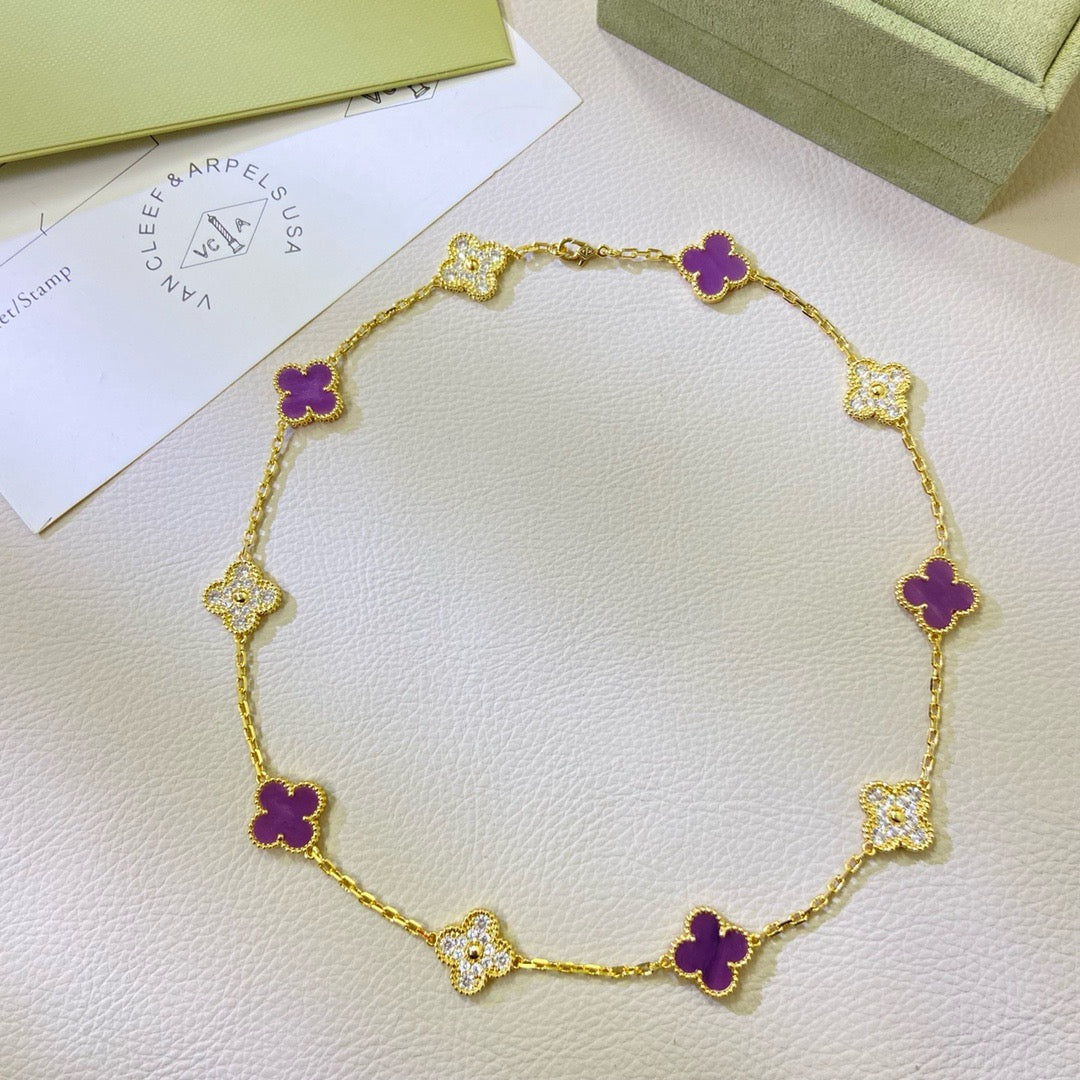 [Cadisa]CLOVER 10 MOTIFS  PURPLE VIOLET DIAMOND NECKLACE