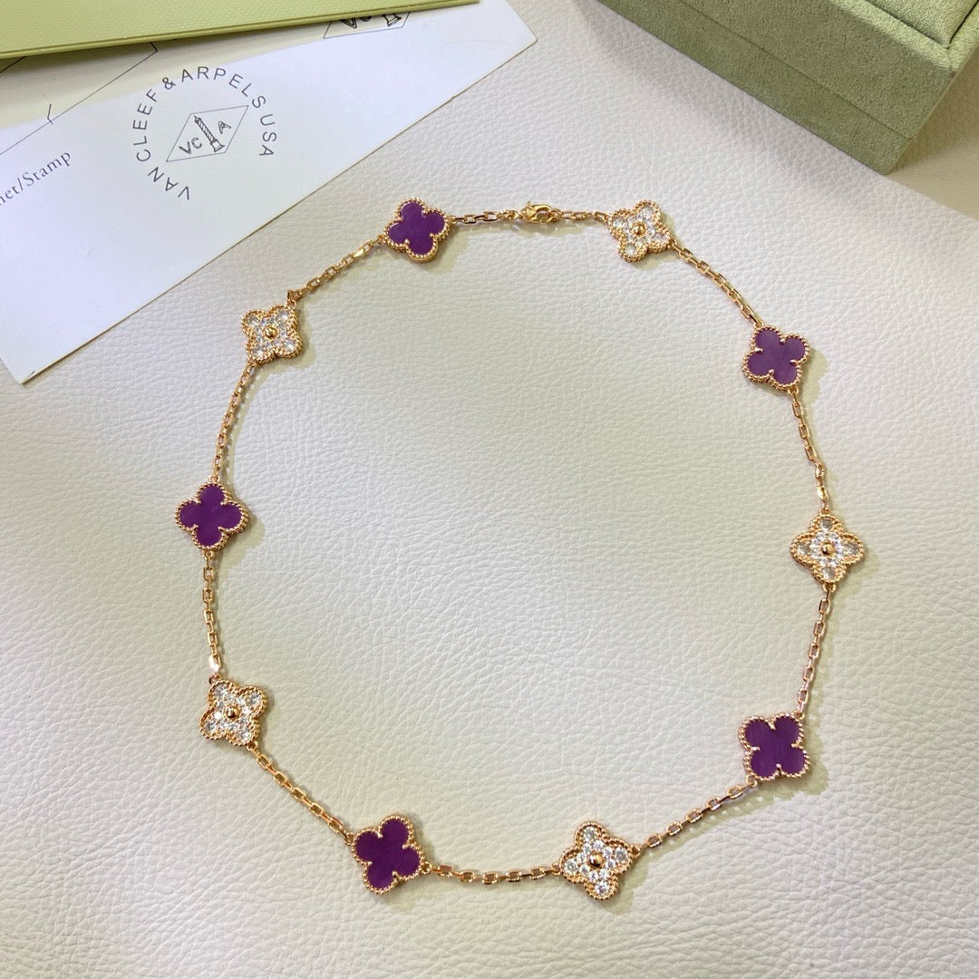 [Cadisa]CLOVER 10 MOTIFS  PURPLE VIOLET DIAMOND NECKLACE