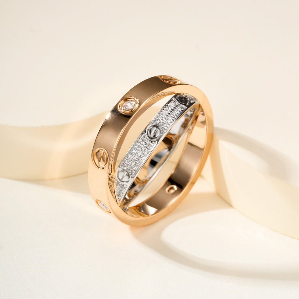 [Cadisa] LOVE PINK GOLD SILVER DIAMOND DOUBLE RING