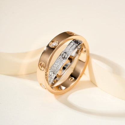 [Cadisa] LOVE PINK GOLD SILVER DIAMOND DOUBLE RING