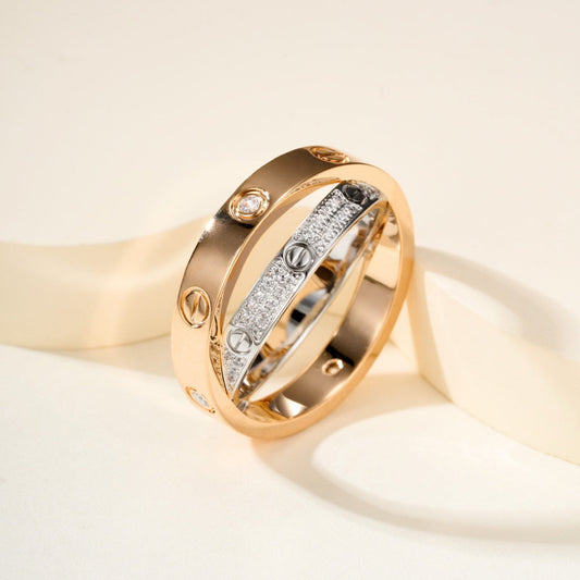 [Cadisa] LOVE PINK GOLD SILVER DIAMOND DOUBLE RING