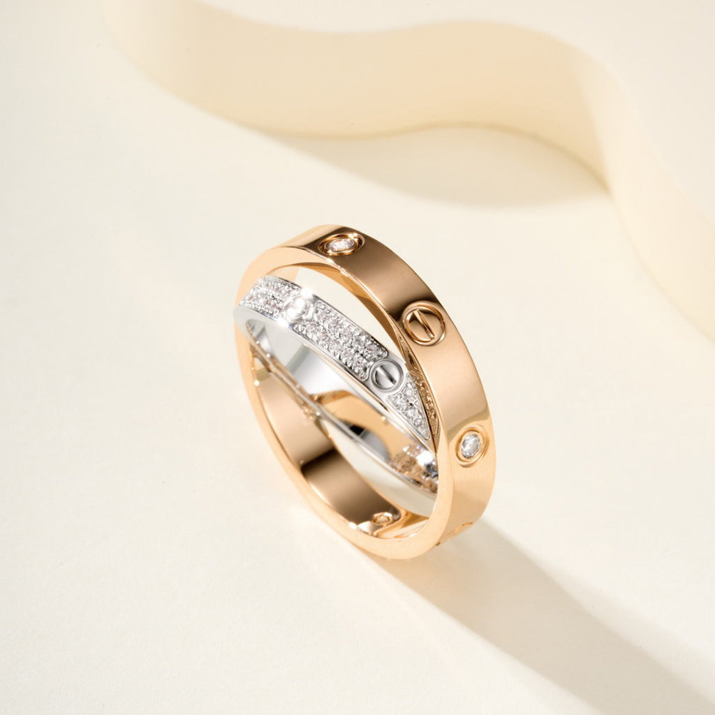 [Cadisa] LOVE PINK GOLD SILVER DIAMOND DOUBLE RING