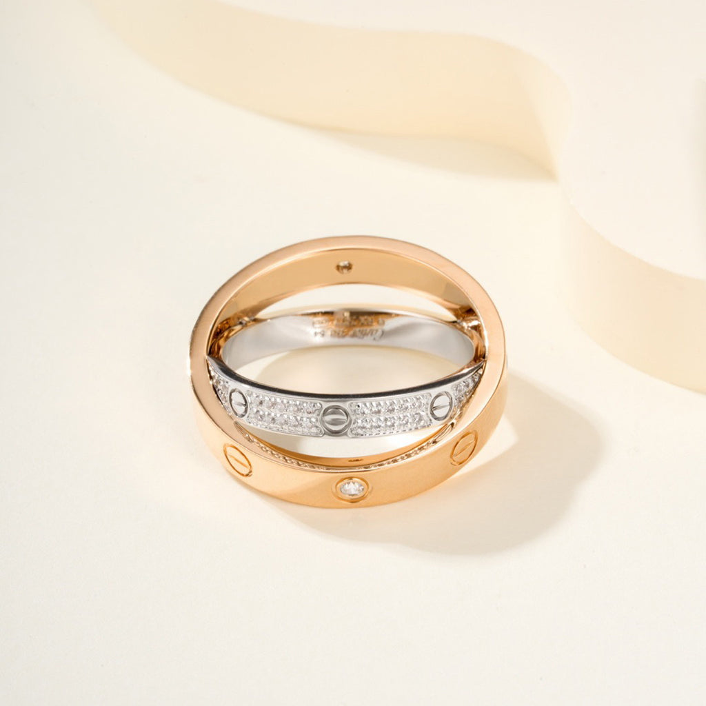 [Cadisa] LOVE PINK GOLD SILVER DIAMOND DOUBLE RING