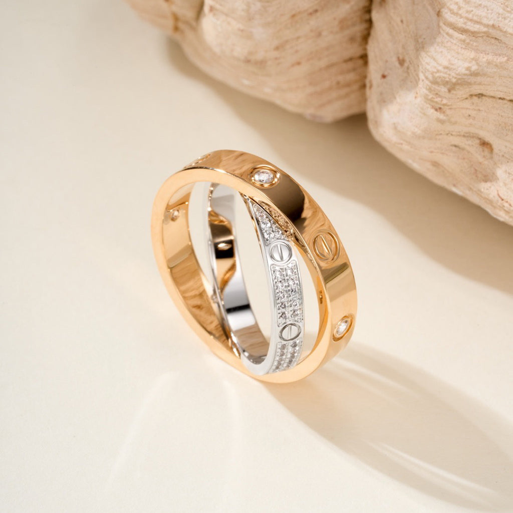 [Cadisa] LOVE PINK GOLD SILVER DIAMOND DOUBLE RING