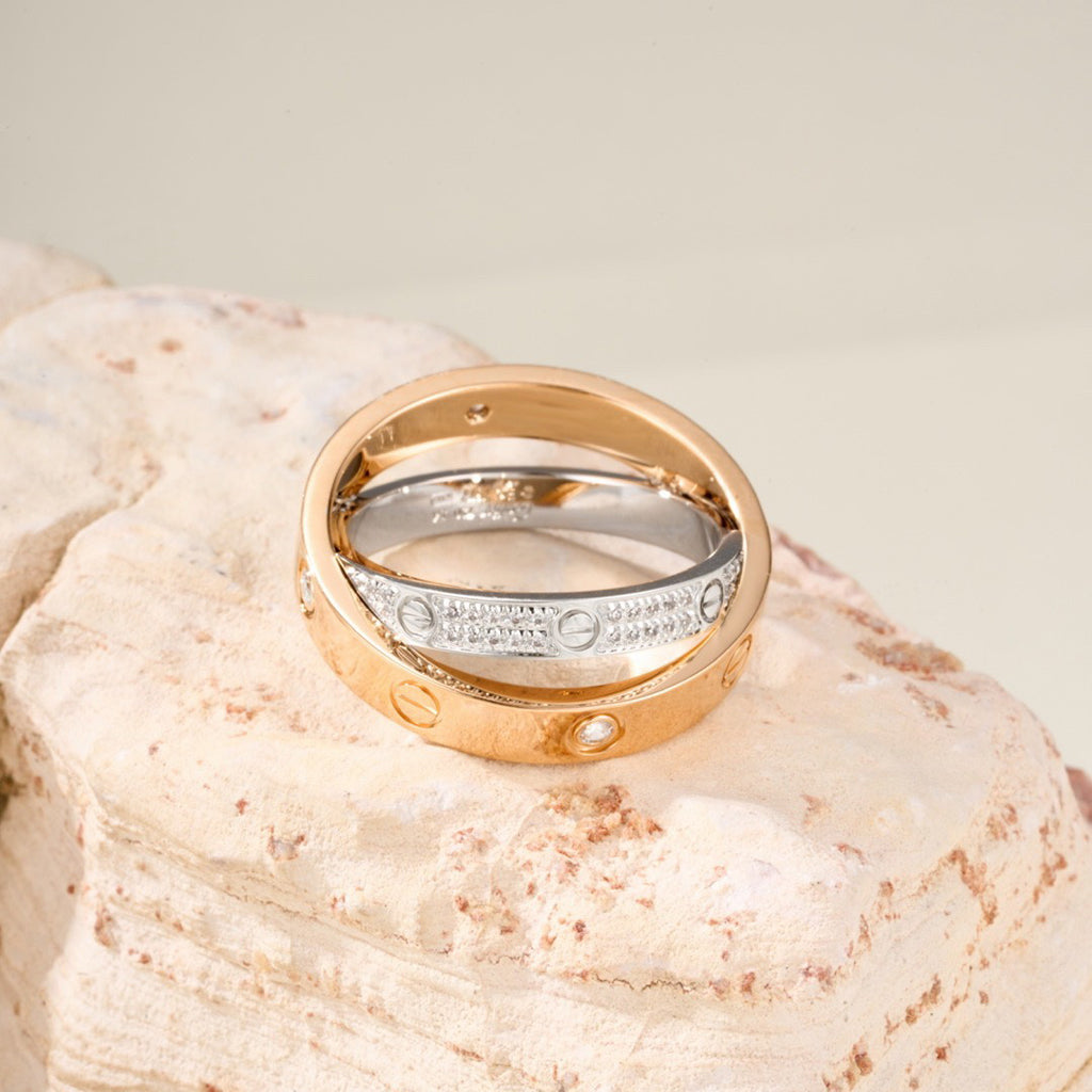 [Cadisa] LOVE PINK GOLD SILVER DIAMOND DOUBLE RING