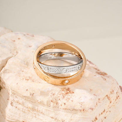 [Cadisa] LOVE PINK GOLD SILVER DIAMOND DOUBLE RING