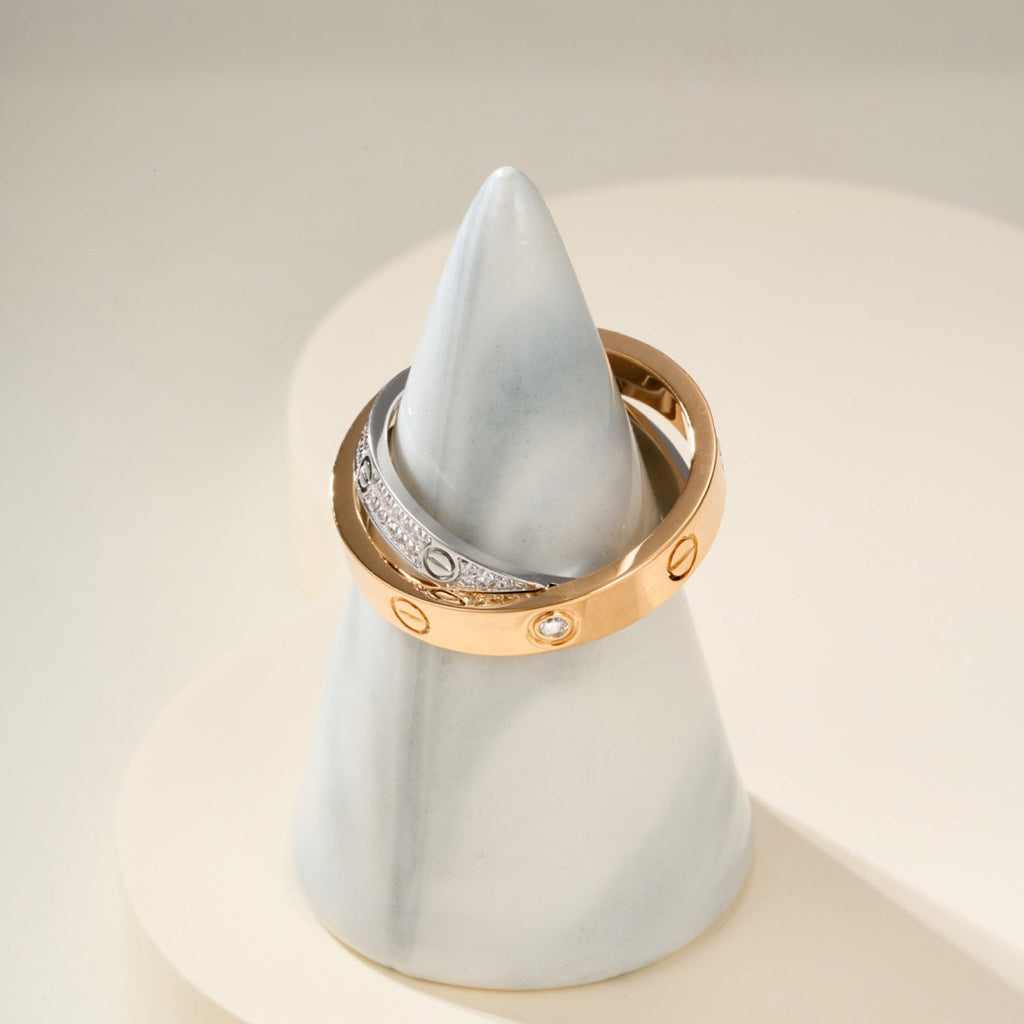 [Cadisa] LOVE PINK GOLD SILVER DIAMOND DOUBLE RING