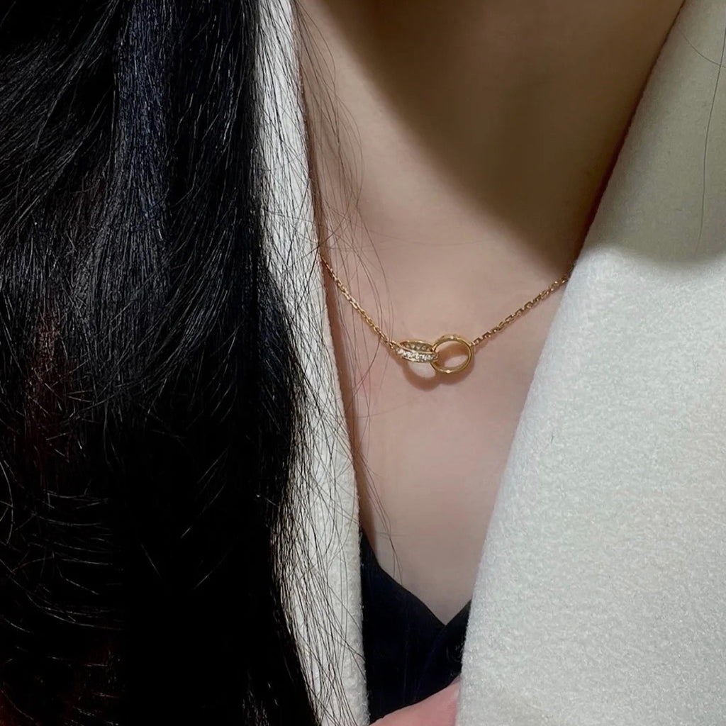 [Cadisa] LOVE DOUBLE RING HALF DIAMOND NECKLACE