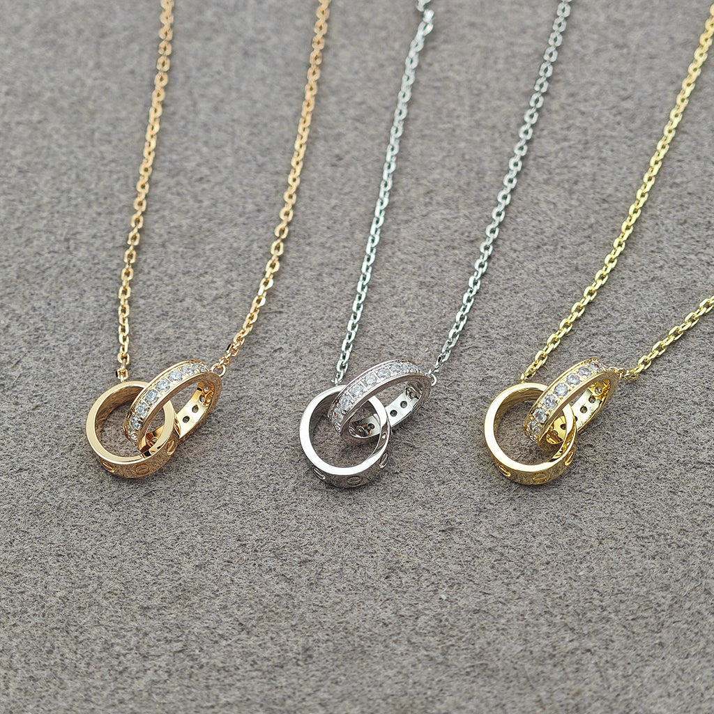[Cadisa] LOVE DOUBLE RING HALF DIAMOND NECKLACE