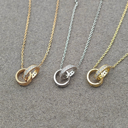 [Cadisa] LOVE DOUBLE RING HALF DIAMOND NECKLACE