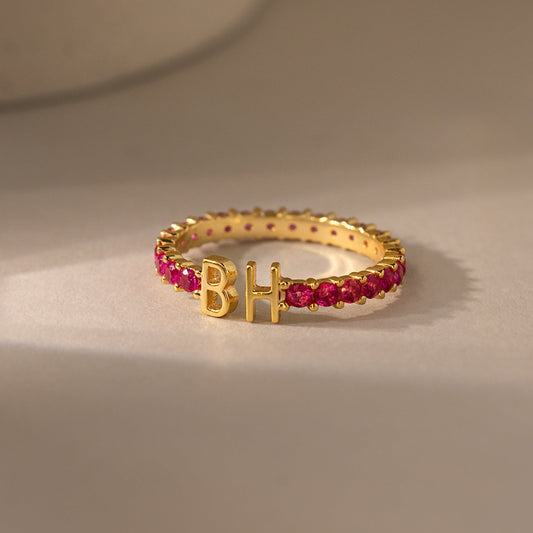 Duo Initial Birthstone Tennis Ring