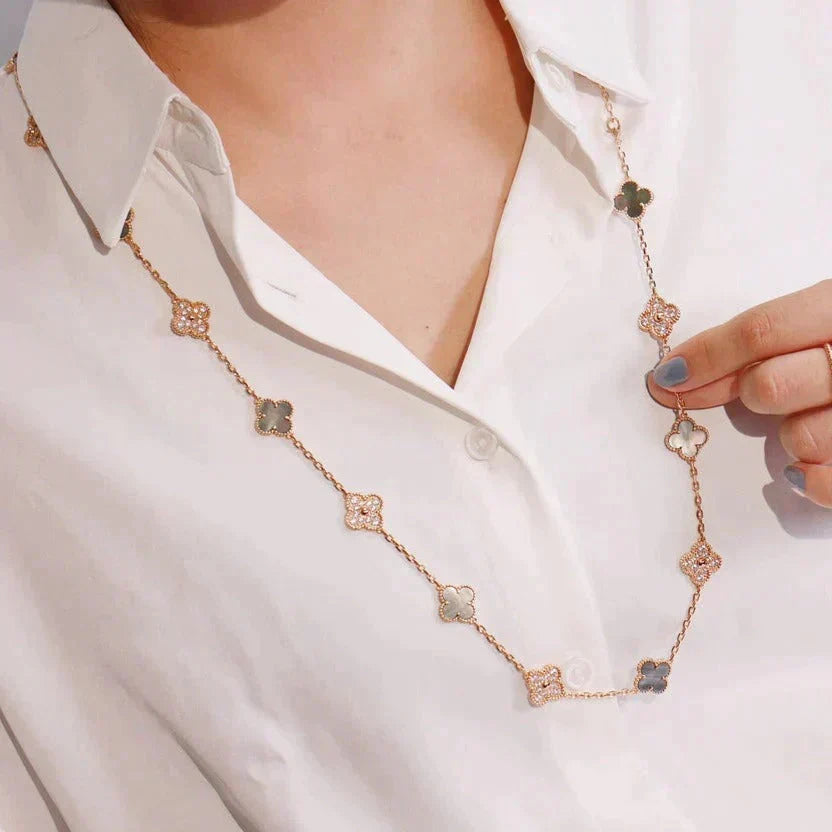 [Cadisa]CLOVER 20 MOTIFS DARK MOP DIAMOND  NECKLACE