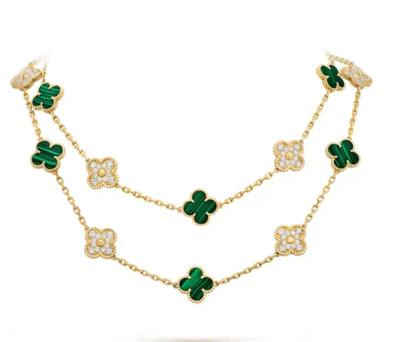 [Cadisa]CLOVER 20 MOTIFS MALACHITE DIAMOND NECKLACE