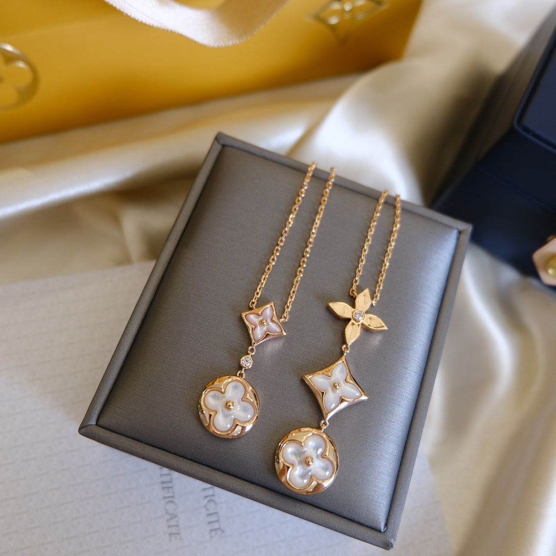 [Cadisa]COLOR BLOSSOM LARIAT NECKLACE PINK GOLD WHITE MOTHER PEARL AND DIAMOND