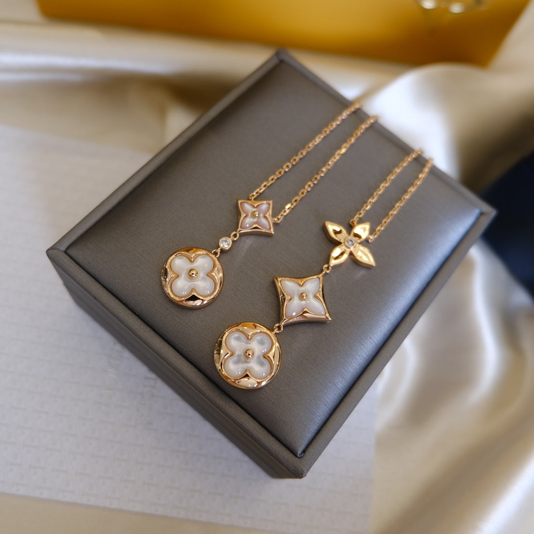 [Cadisa]COLOR BLOSSOM LARIAT NECKLACE PINK GOLD WHITE MOTHER PEARL AND DIAMOND