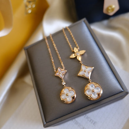 [Cadisa]COLOR BLOSSOM LARIAT NECKLACE PINK GOLD WHITE MOTHER PEARL AND DIAMOND