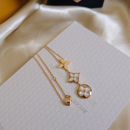 [Cadisa]COLOR BLOSSOM LARIAT NECKLACE PINK GOLD WHITE MOTHER PEARL AND DIAMOND