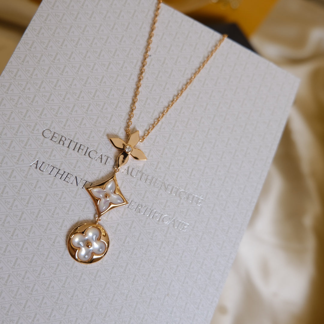 [Cadisa]COLOR BLOSSOM LARIAT NECKLACE PINK GOLD WHITE MOTHER PEARL AND DIAMOND