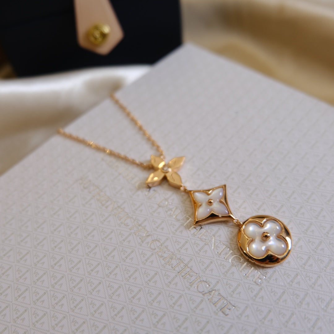 [Cadisa]COLOR BLOSSOM LARIAT NECKLACE PINK GOLD WHITE MOTHER PEARL AND DIAMOND