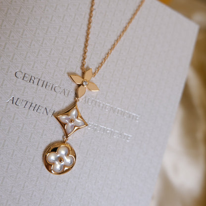 [Cadisa]COLOR BLOSSOM LARIAT NECKLACE PINK GOLD WHITE MOTHER PEARL AND DIAMOND