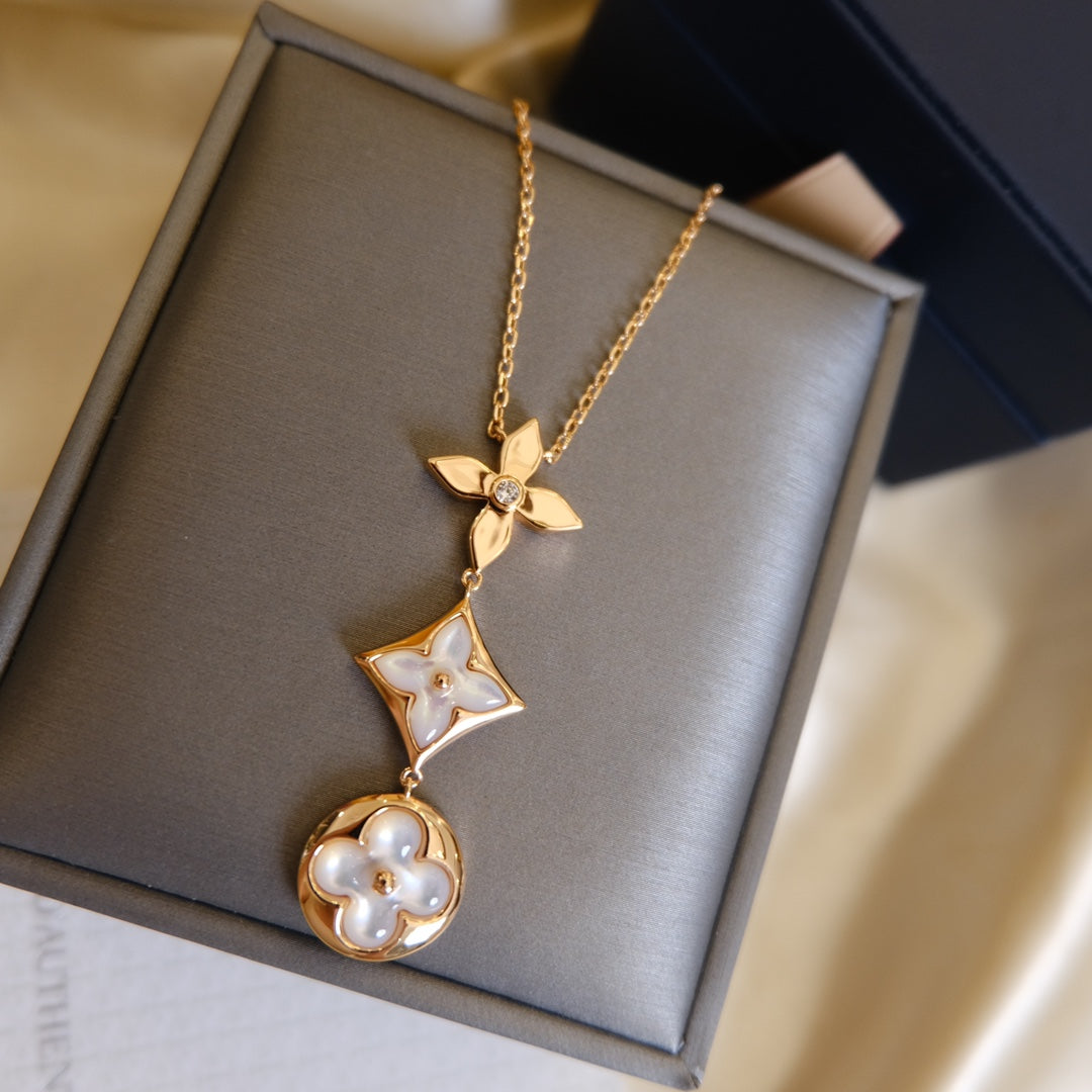 [Cadisa]COLOR BLOSSOM LARIAT NECKLACE PINK GOLD WHITE MOTHER PEARL AND DIAMOND