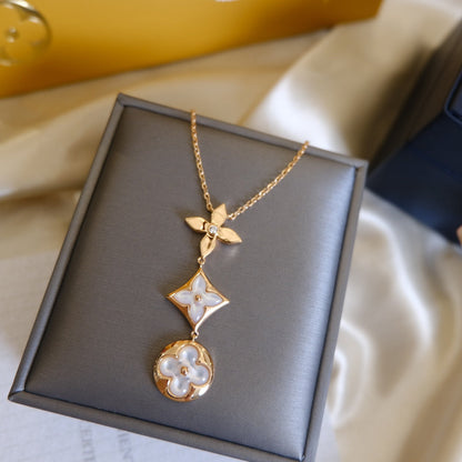 [Cadisa]COLOR BLOSSOM LARIAT NECKLACE PINK GOLD WHITE MOTHER PEARL AND DIAMOND